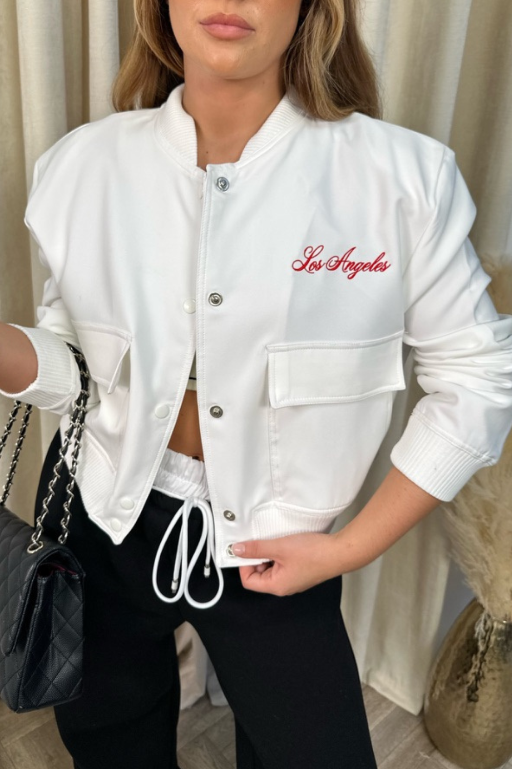 Los Angeles white with red embroidered cropped bomber jacket