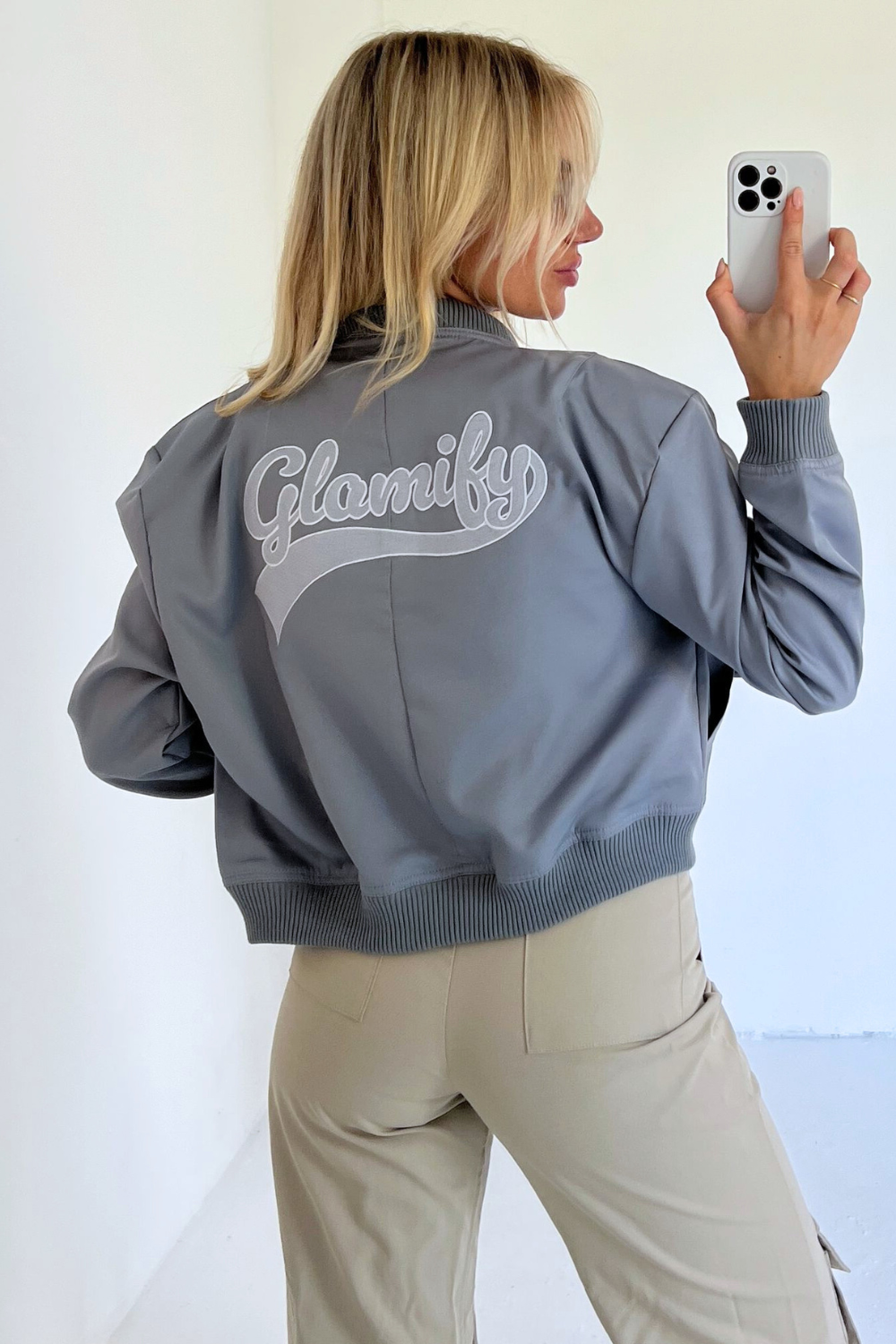 Glamify grey embroidered bomber jacket