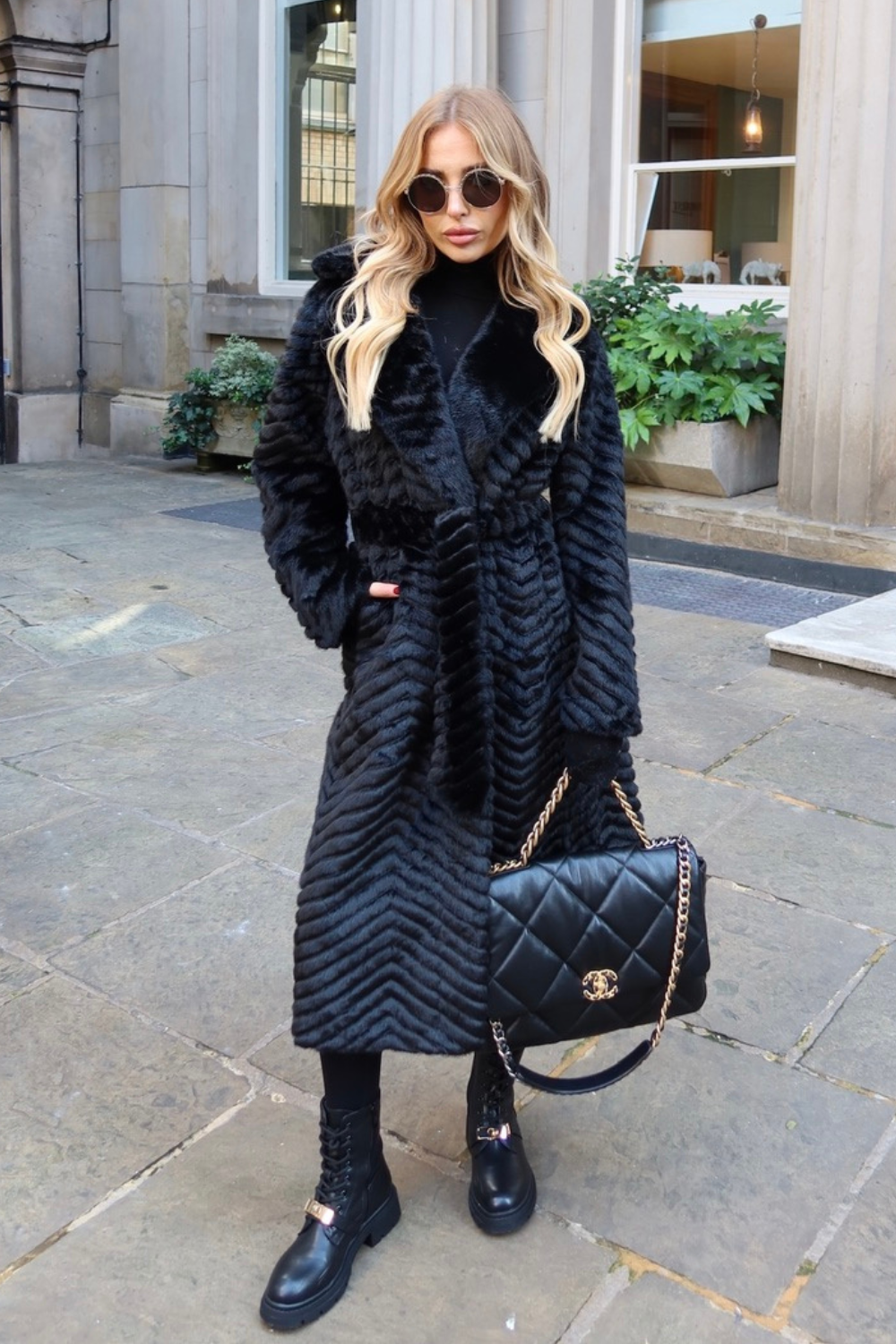 Kimberly black tie waist faux fur coat