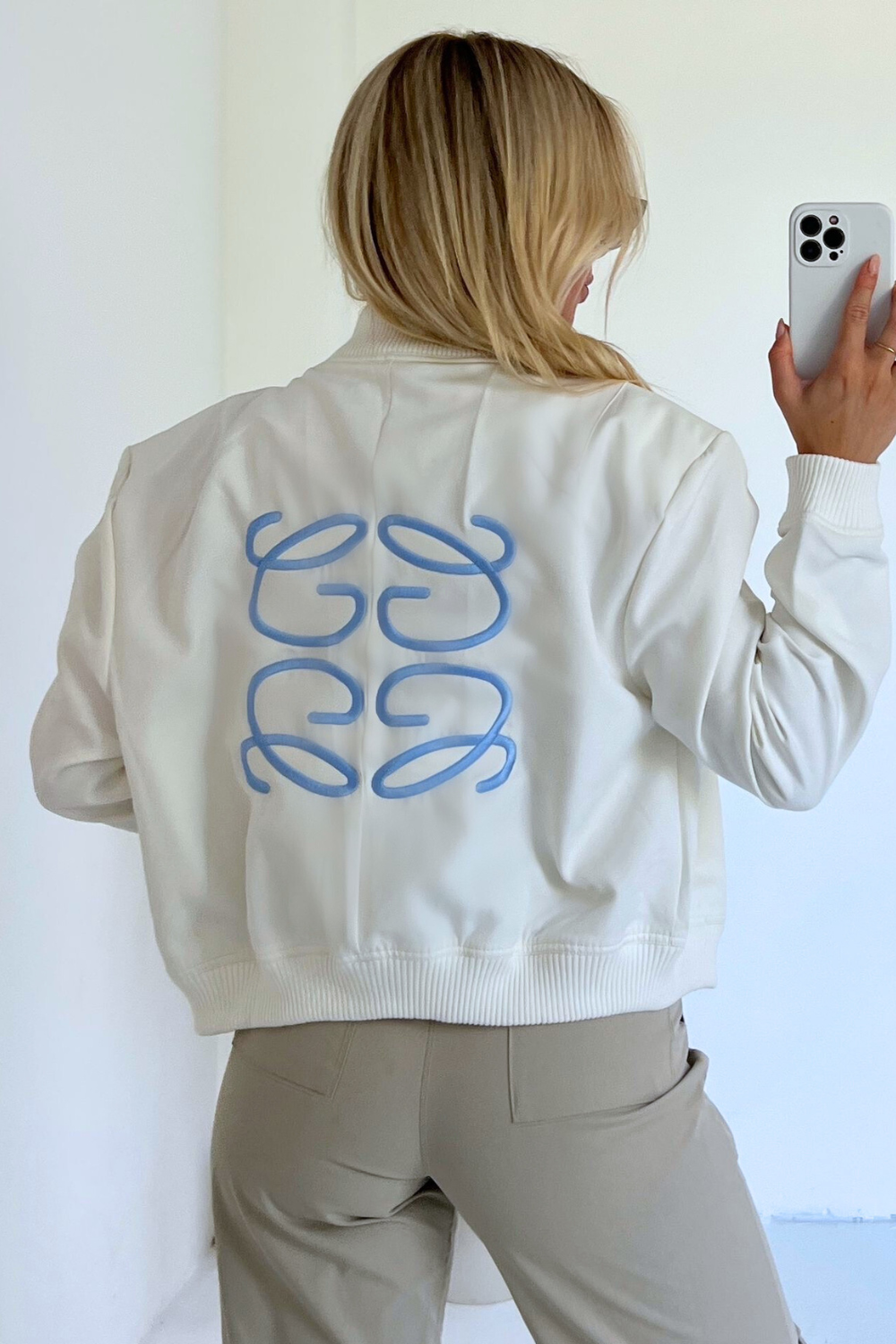 Gege white and blue embroidered cargo bomber jacket