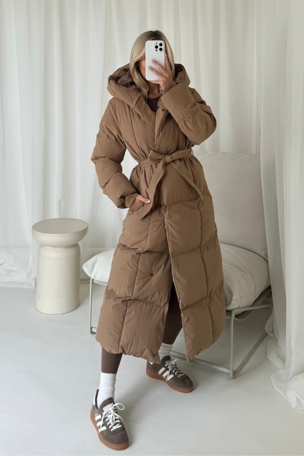 Willow camel long hooded puffer duvet coat