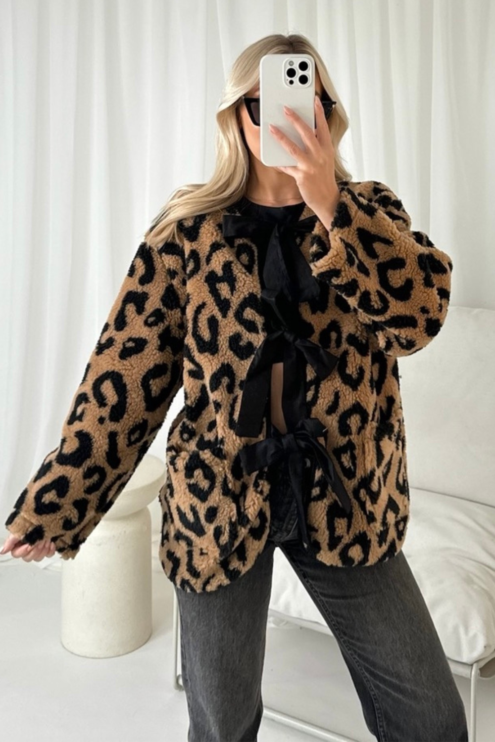 Lara leopard tie front teddy jacket