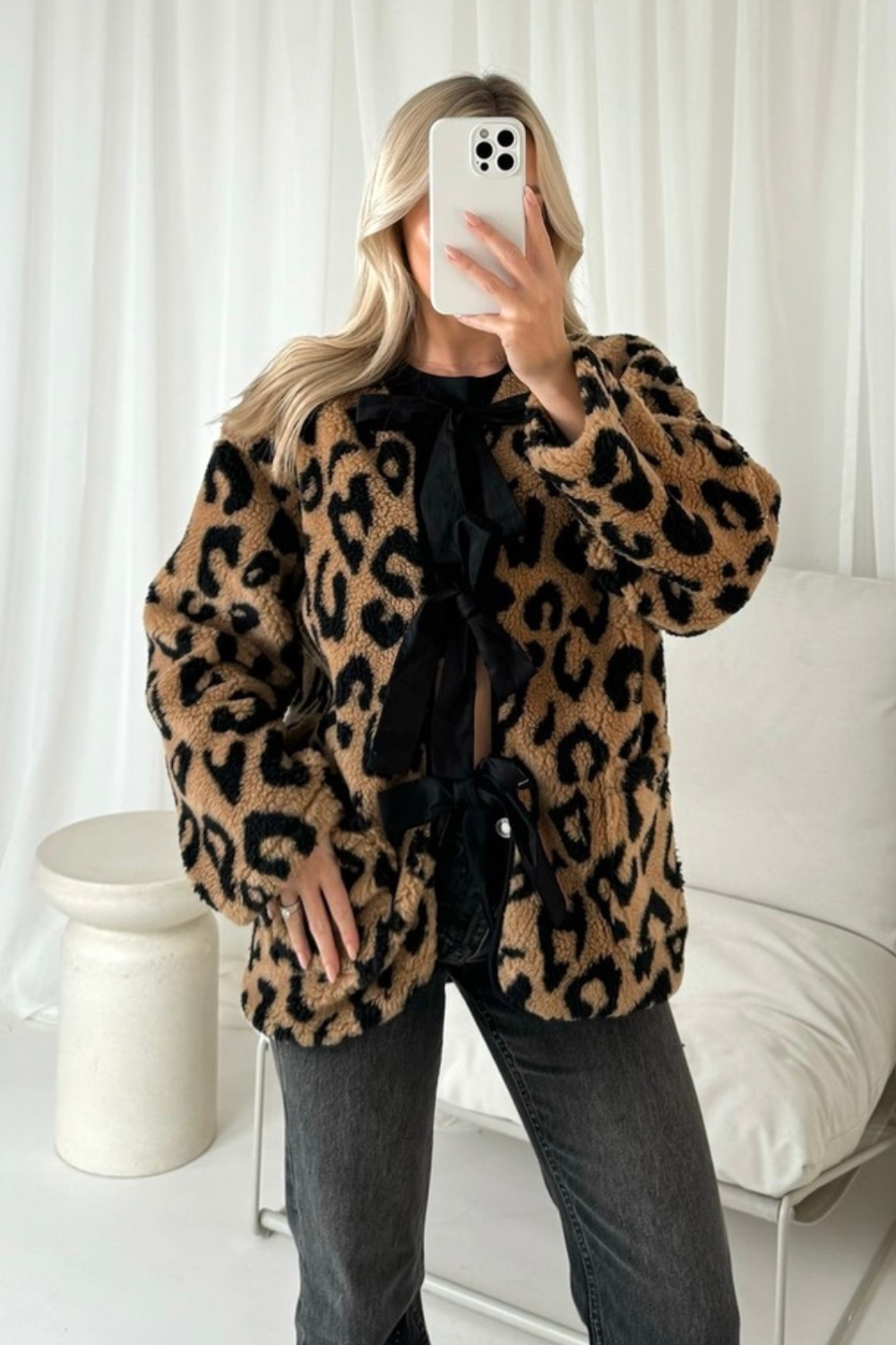 Lara leopard tie front teddy jacket