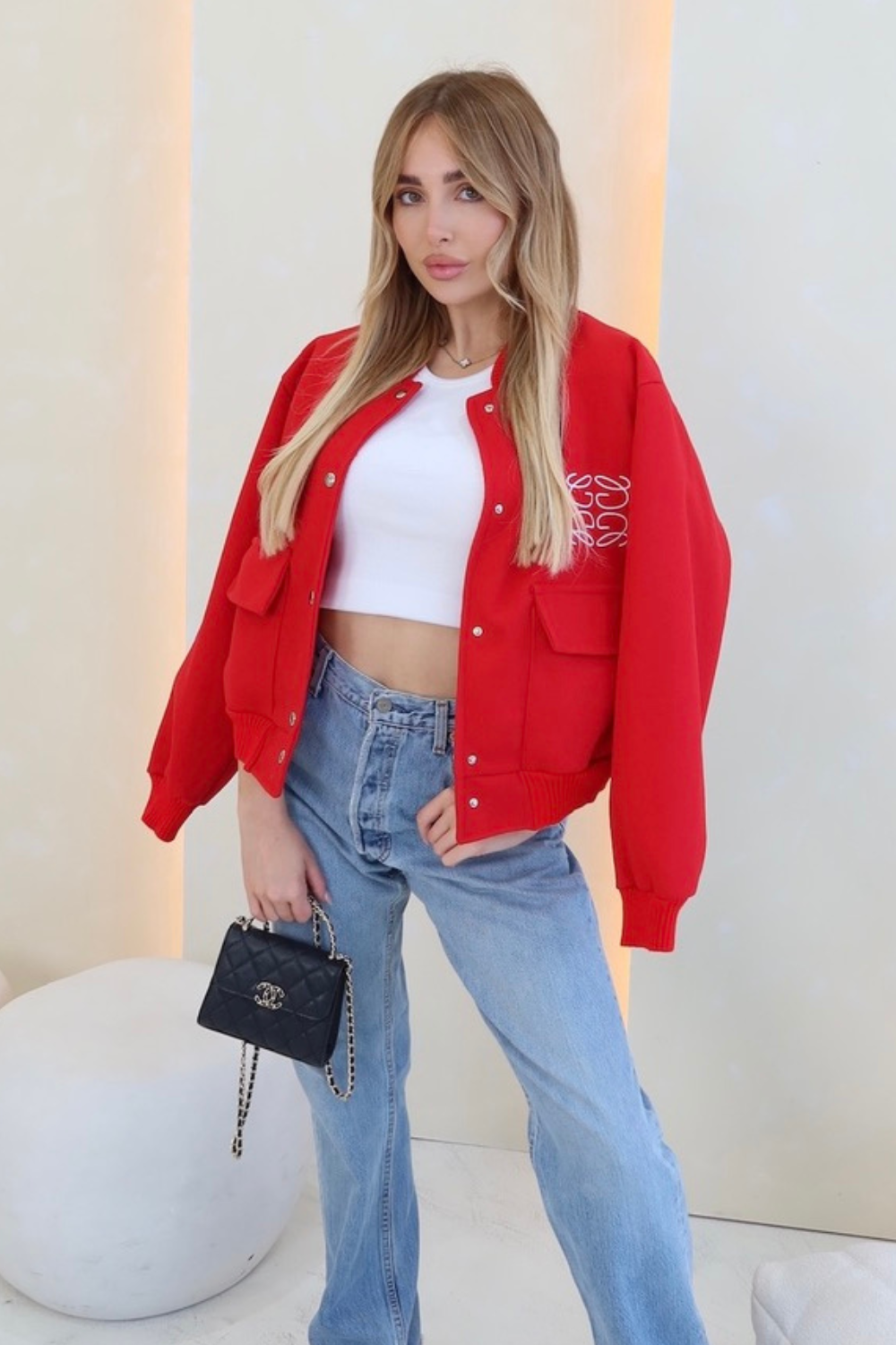 Gege red embroidered cargo bomber jacket