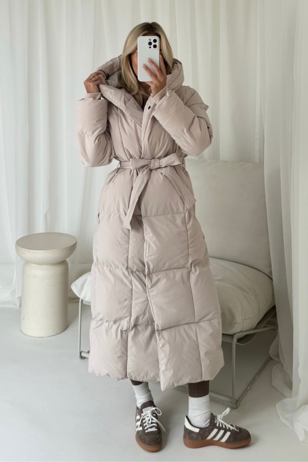 Willow beige long hooded puffer duvet coat