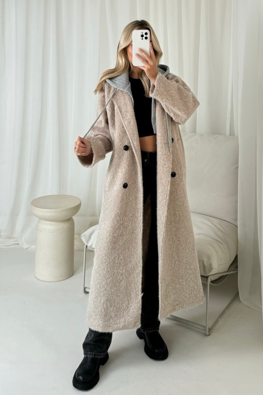 Demi cream hooded longline coat