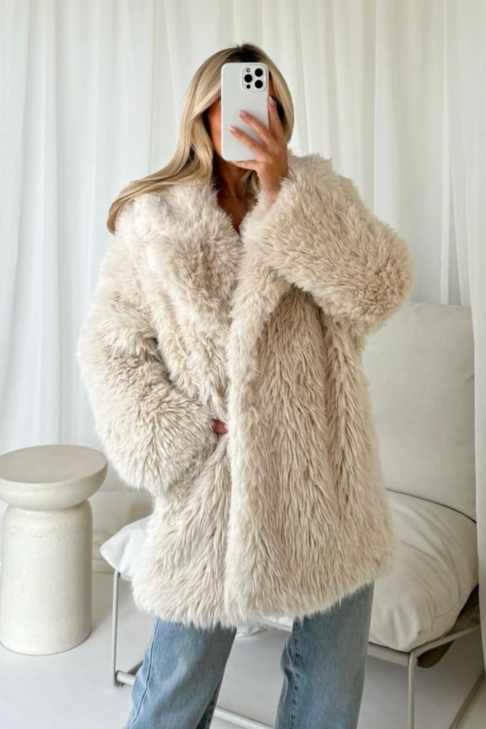 Maura cream mid length faux fur coat