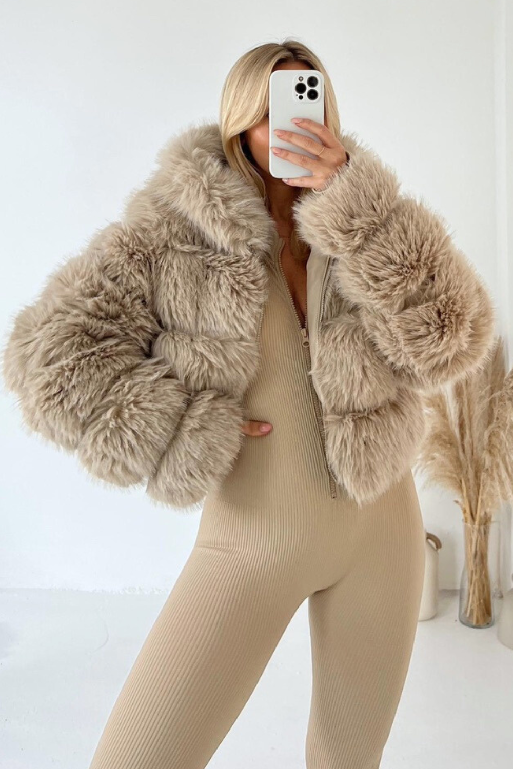 Danni beige hooded faux fur coat