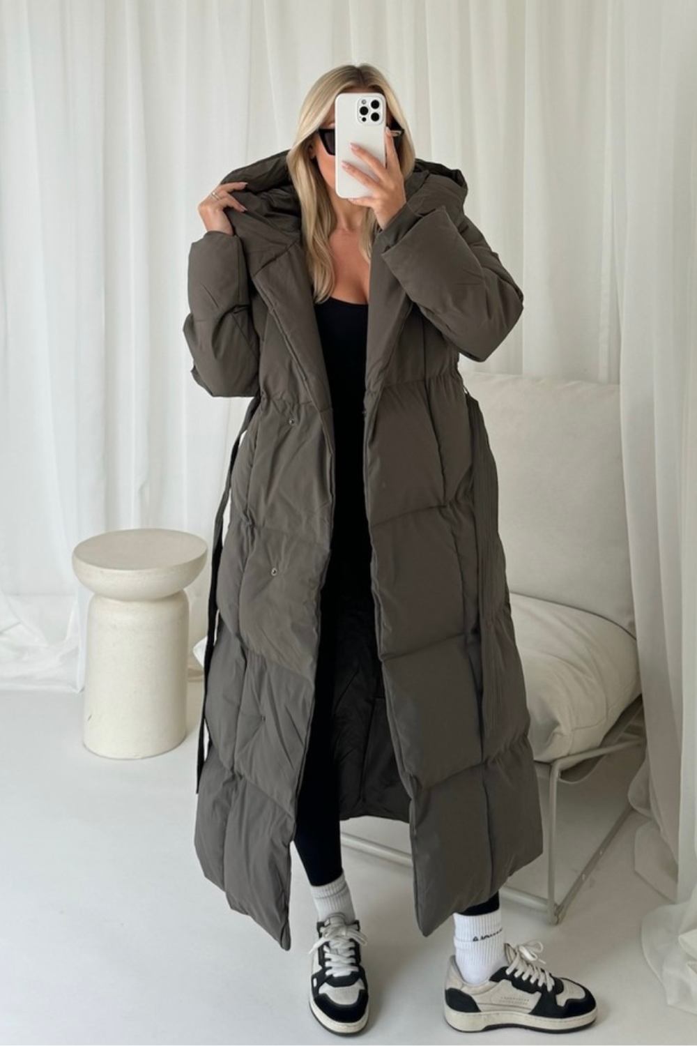 Willow grey long hooded puffer duvet coat