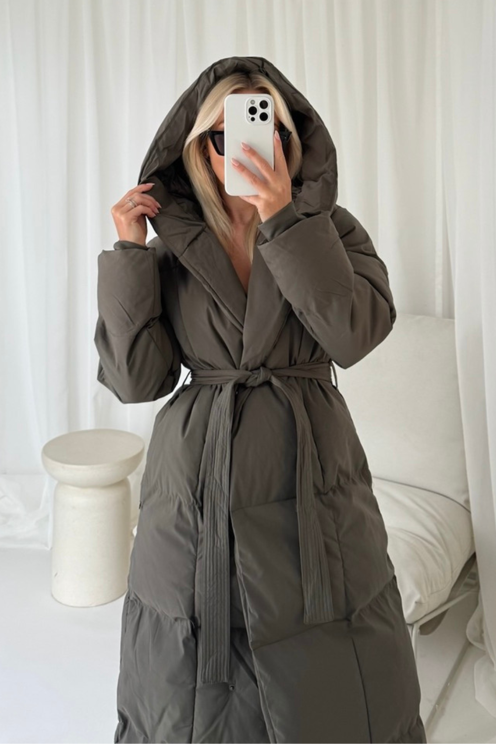 Willow grey long hooded puffer duvet coat