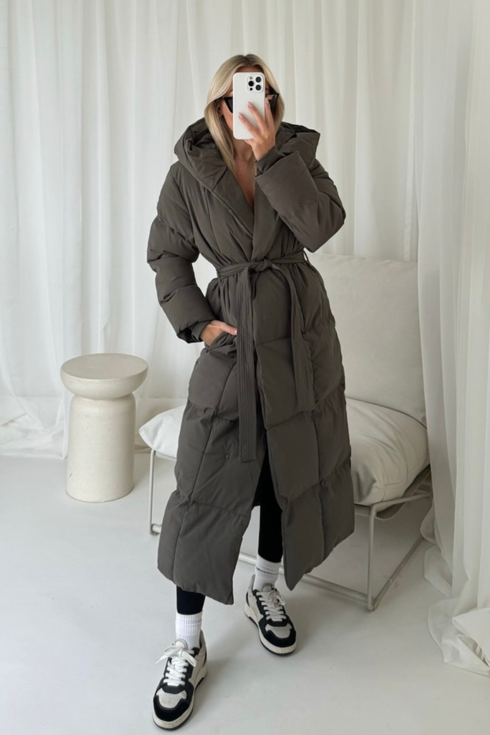 Willow grey long hooded puffer duvet coat