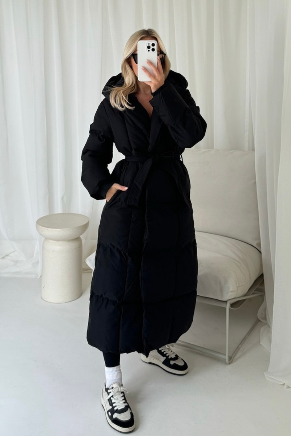 Willow black long hooded puffer duvet coat