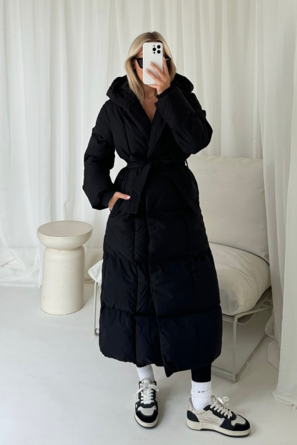 Willow black long hooded puffer duvet coat