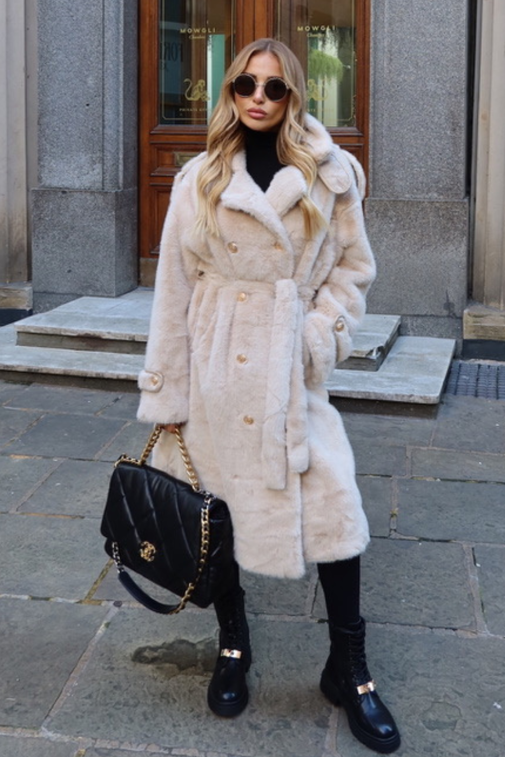 Dakota beige long faux fur coat