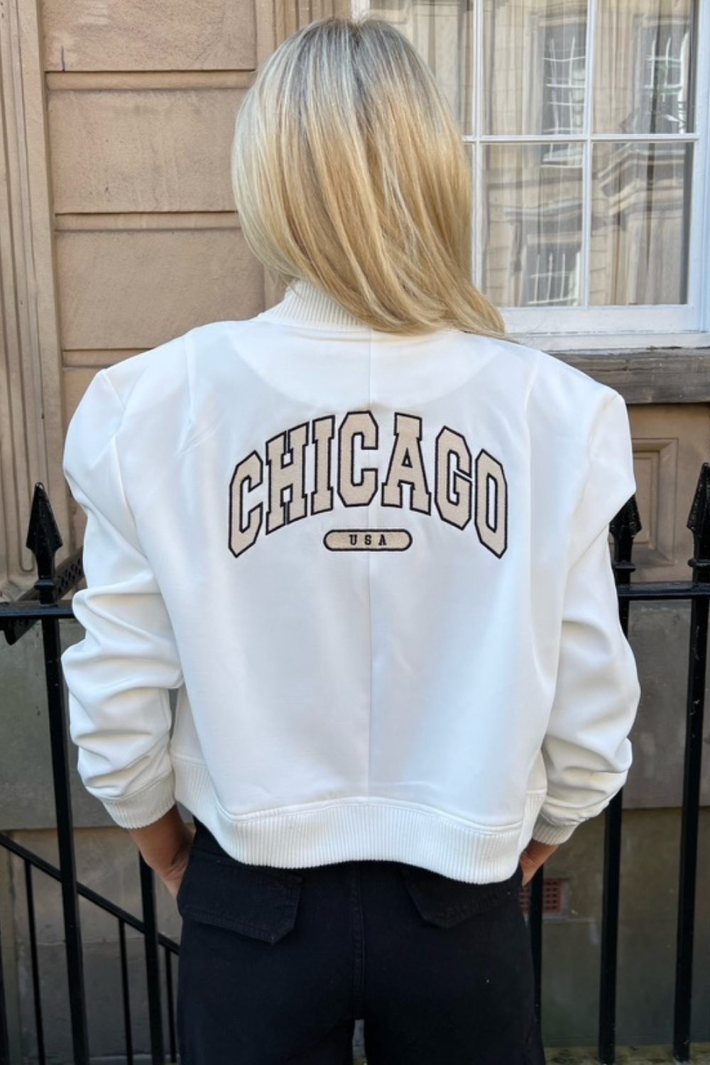 Chicago white embroidered bomber jacket