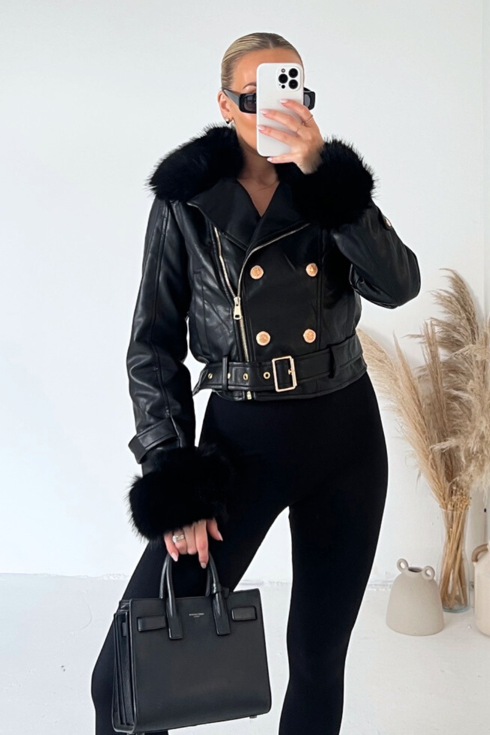 Louise black fur collar faux leather jacket