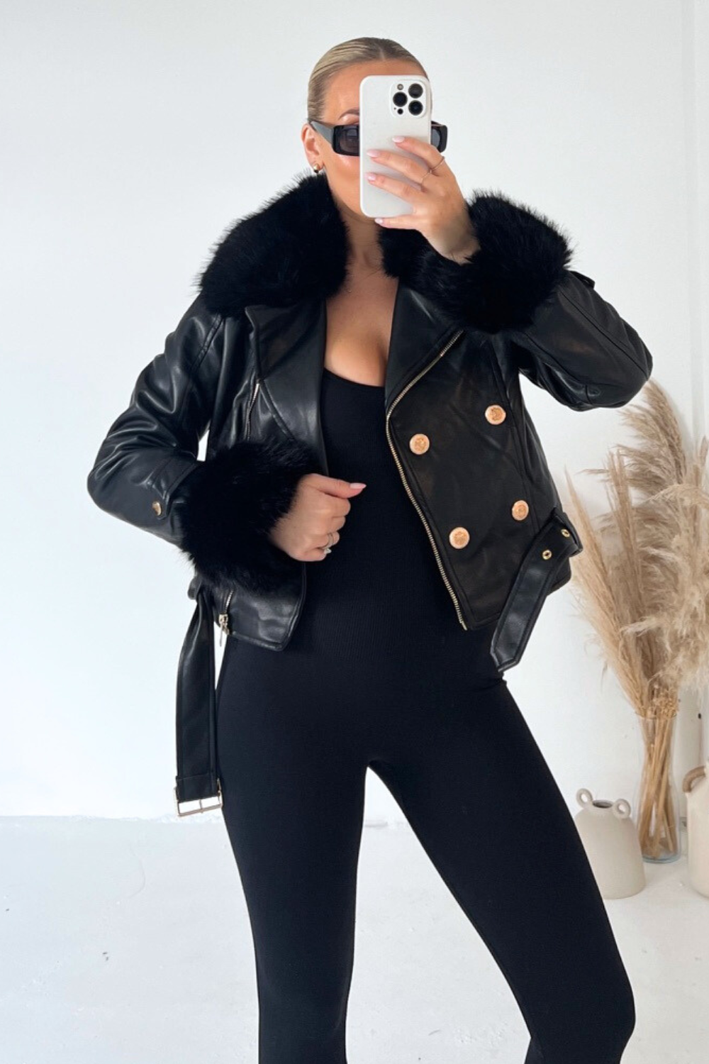 Louise black fur collar faux leather jacket