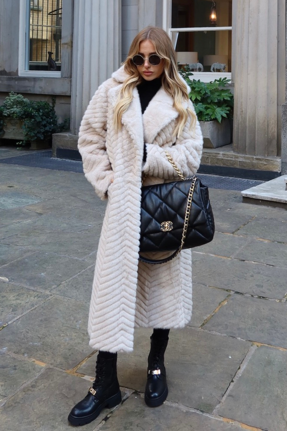 Kimberly beige tie waist faux fur coat