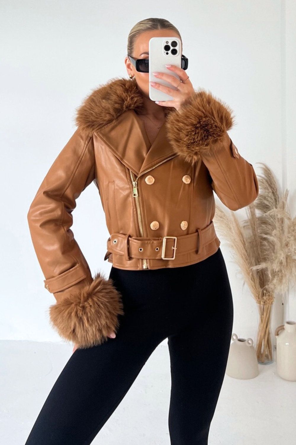 ZERY ™ I Camel Fur Collar Faux Leather Jacket