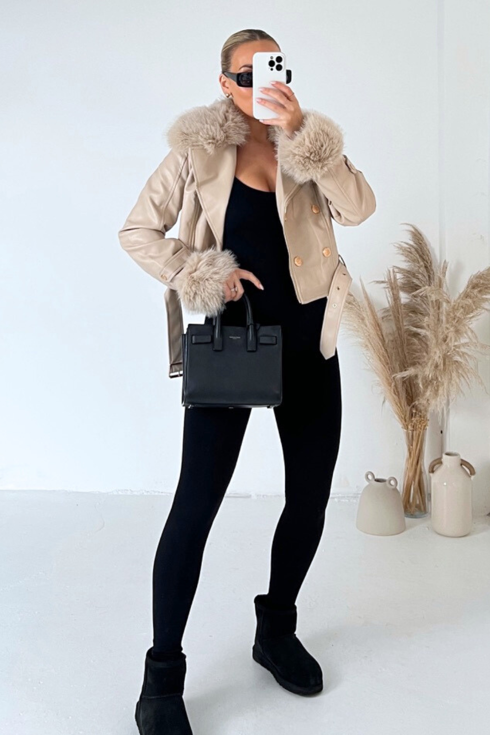 ZERY ™ I Camel Fur Collar Faux Leather Jacket