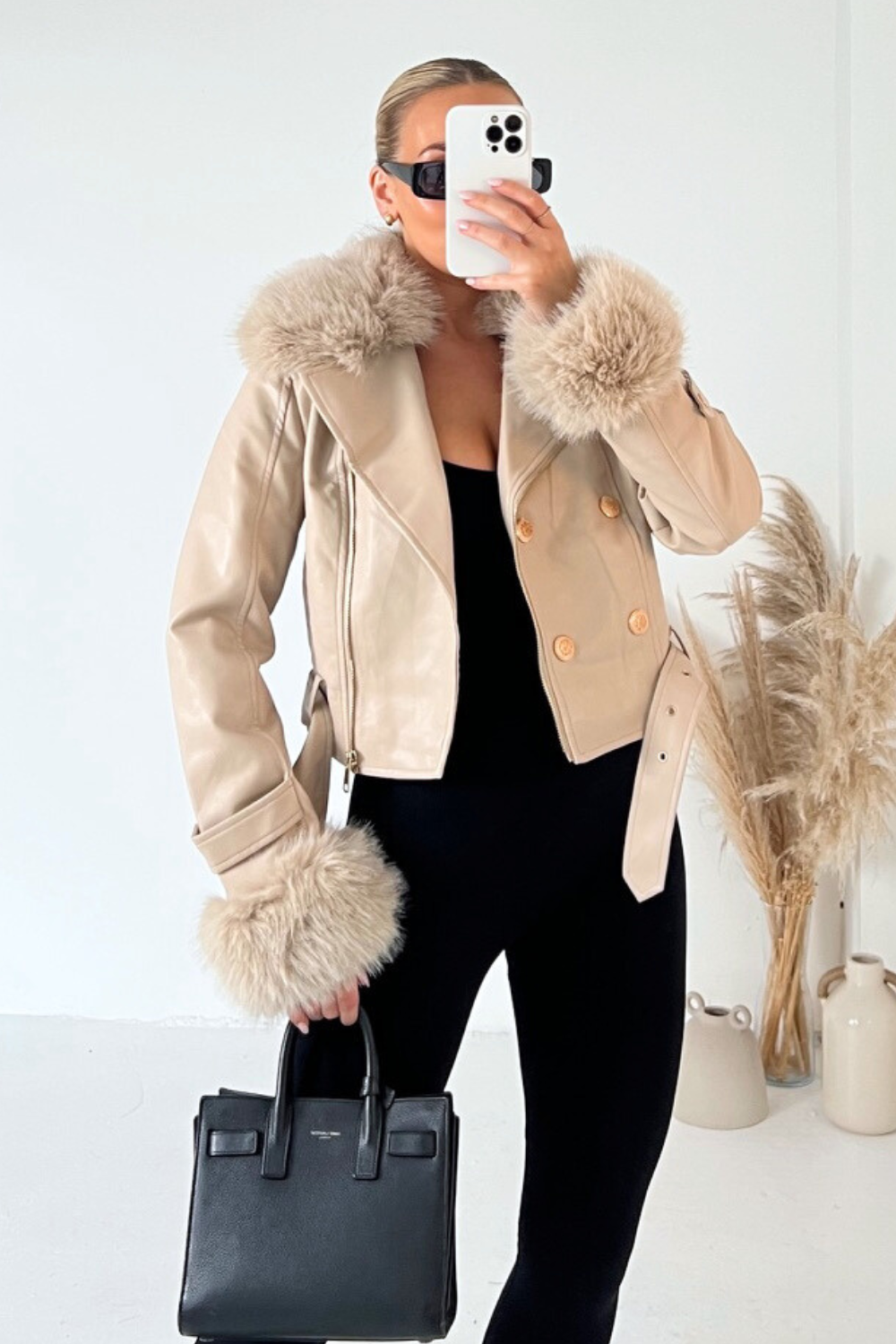 Louise beige fur collar faux leather jacket