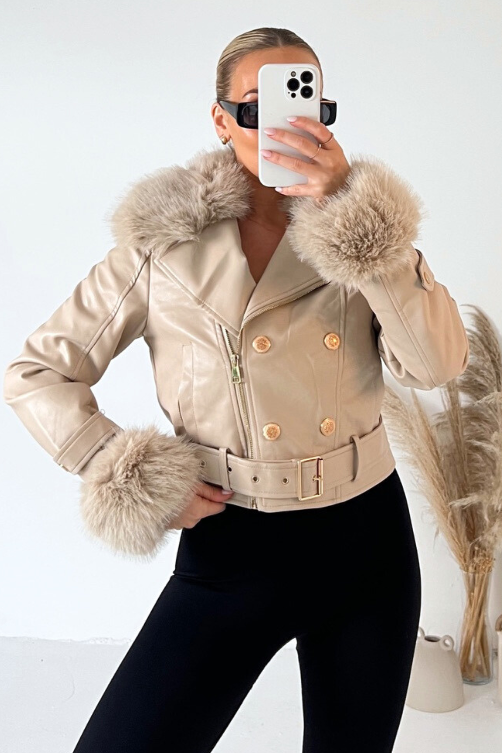 Louise beige fur collar faux leather jacket