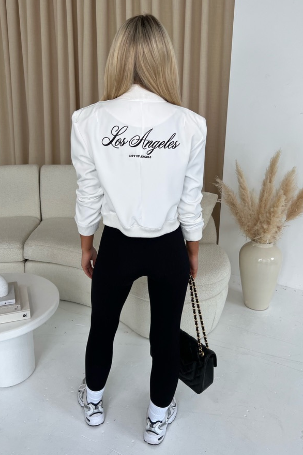 Los Angeles white embroidered cropped bomber jacket