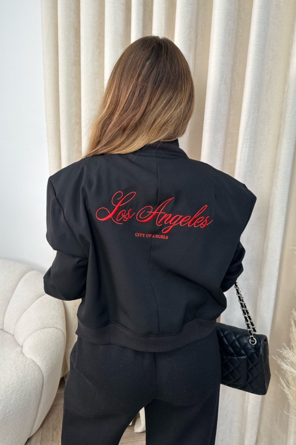 Los Angeles black with red embroidered cropped bomber jacket