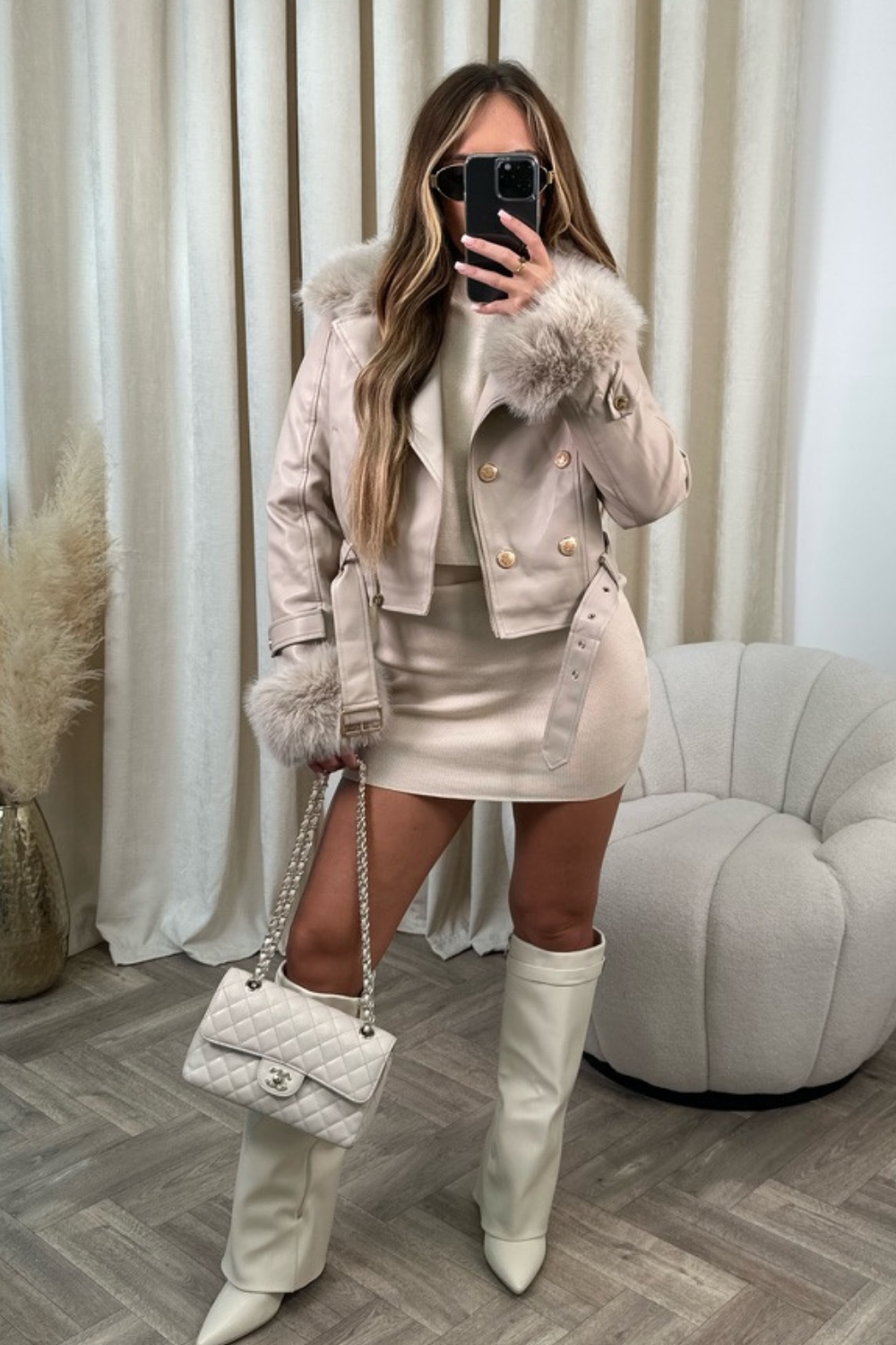 Louise beige fur collar faux leather jacket