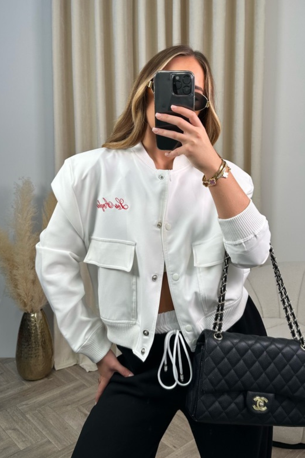 Los Angeles white with red embroidered cropped bomber jacket