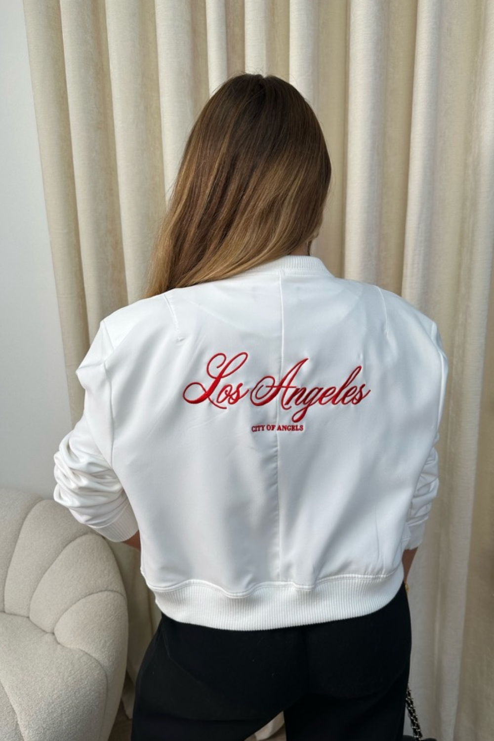 Los Angeles white with red embroidered cropped bomber jacket