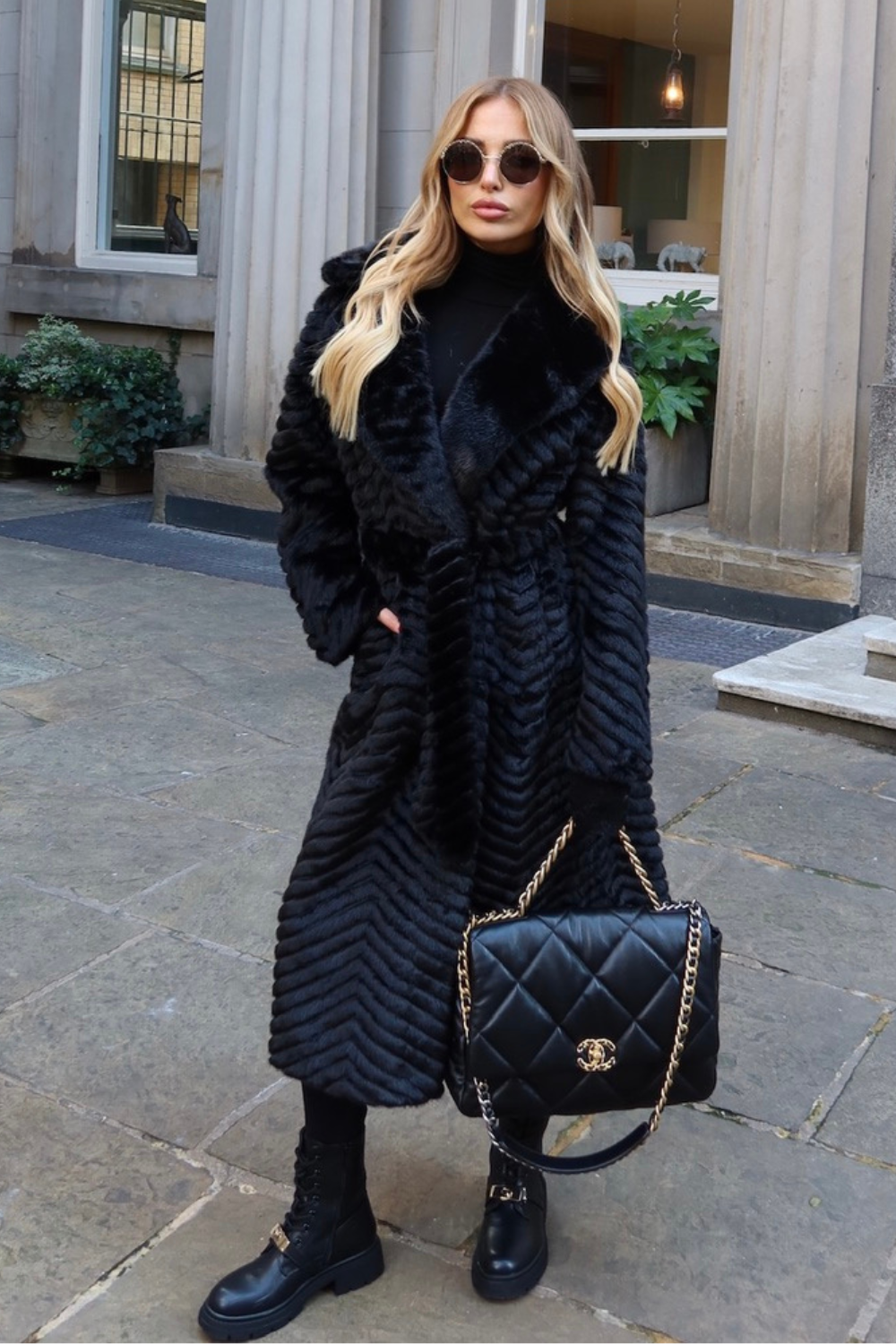 Kimberly black tie waist faux fur coat