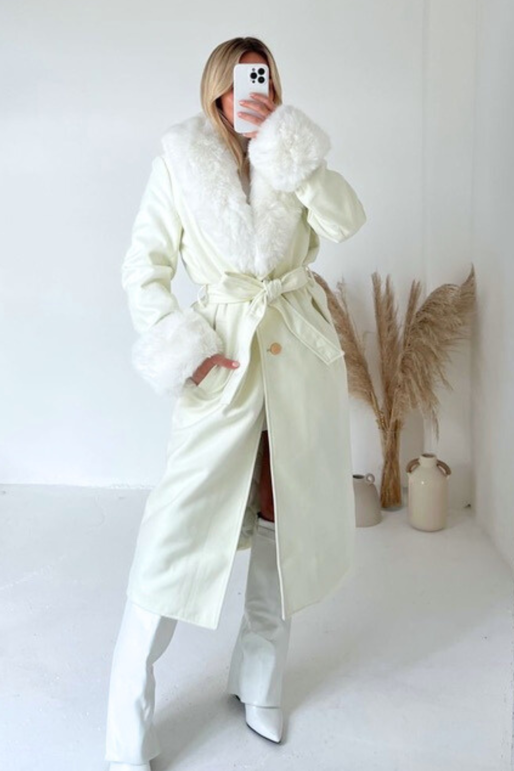 Hazel cream felt faux fur long coat