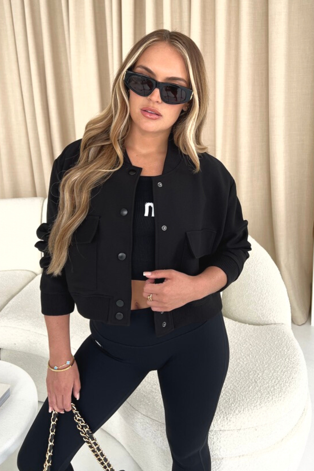 Fallon black cropped long sleeve bomber jacket