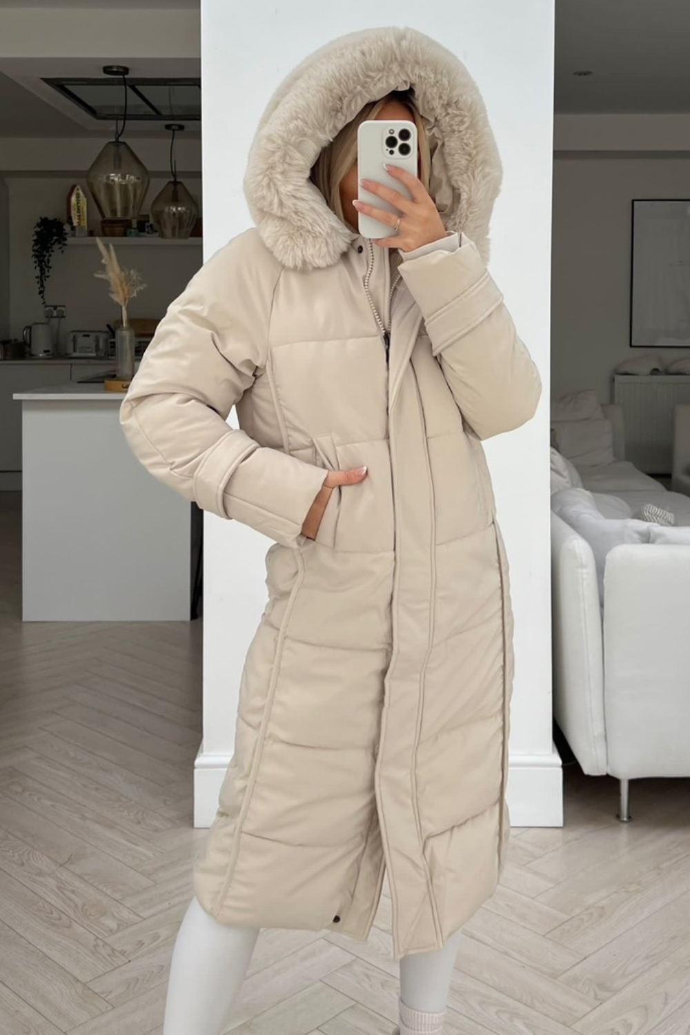 Remmie beige faux fur hooded duvet coat