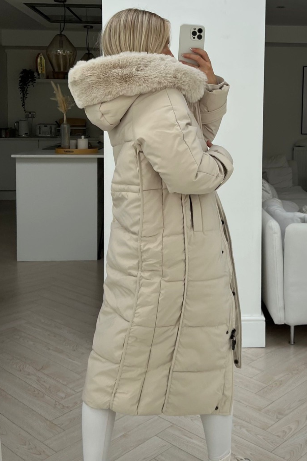 Remmie beige faux fur hooded duvet coat