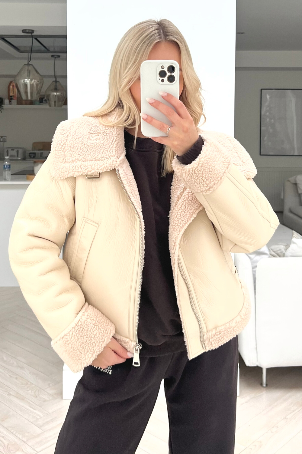 Ellie cream & beige pu leather shearling aviator jacket