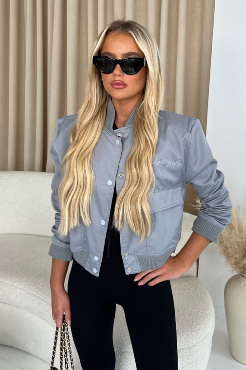 Los Angeles grey embroidered cropped bomber jacket