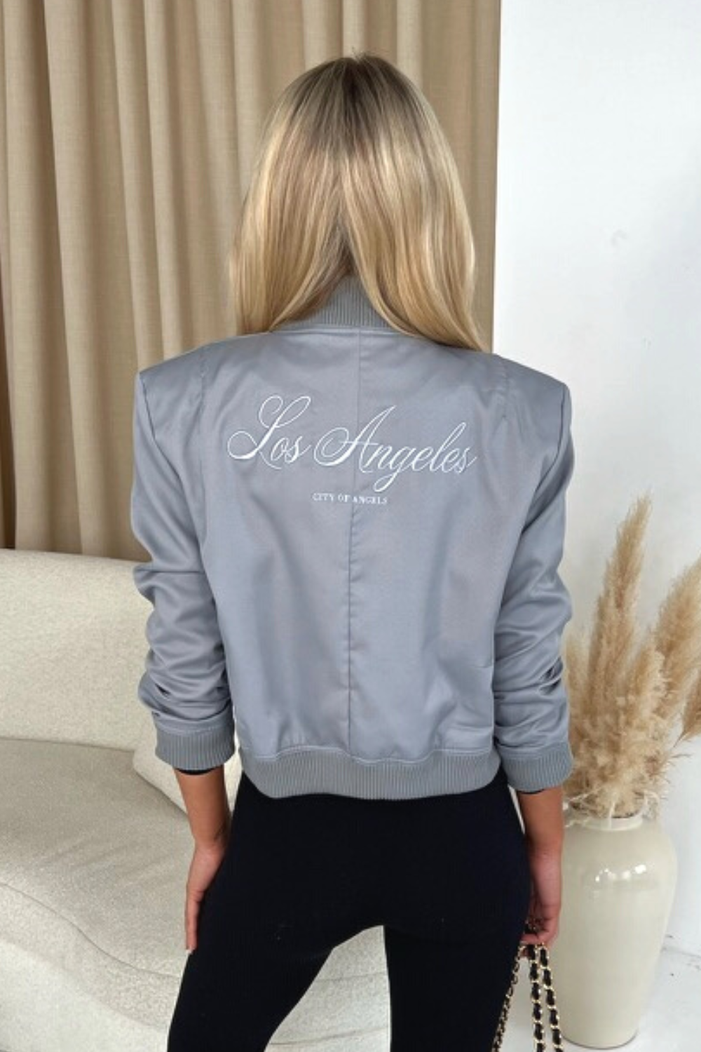 Los Angeles grey embroidered cropped bomber jacket