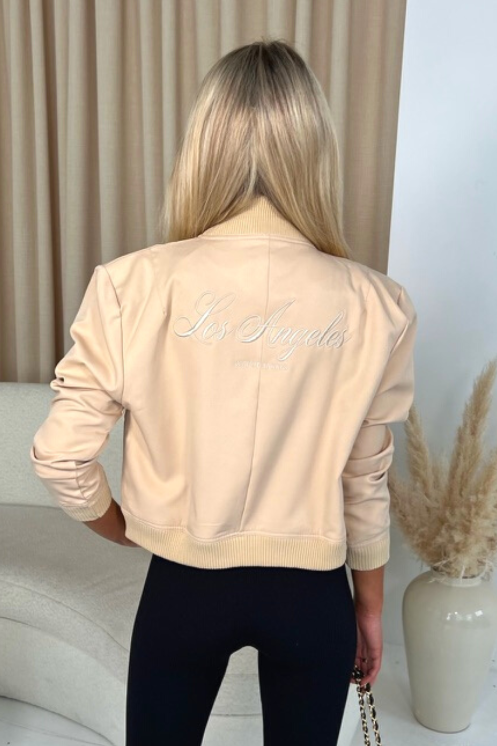 Los Angeles nude embroidered cropped bomber jacket