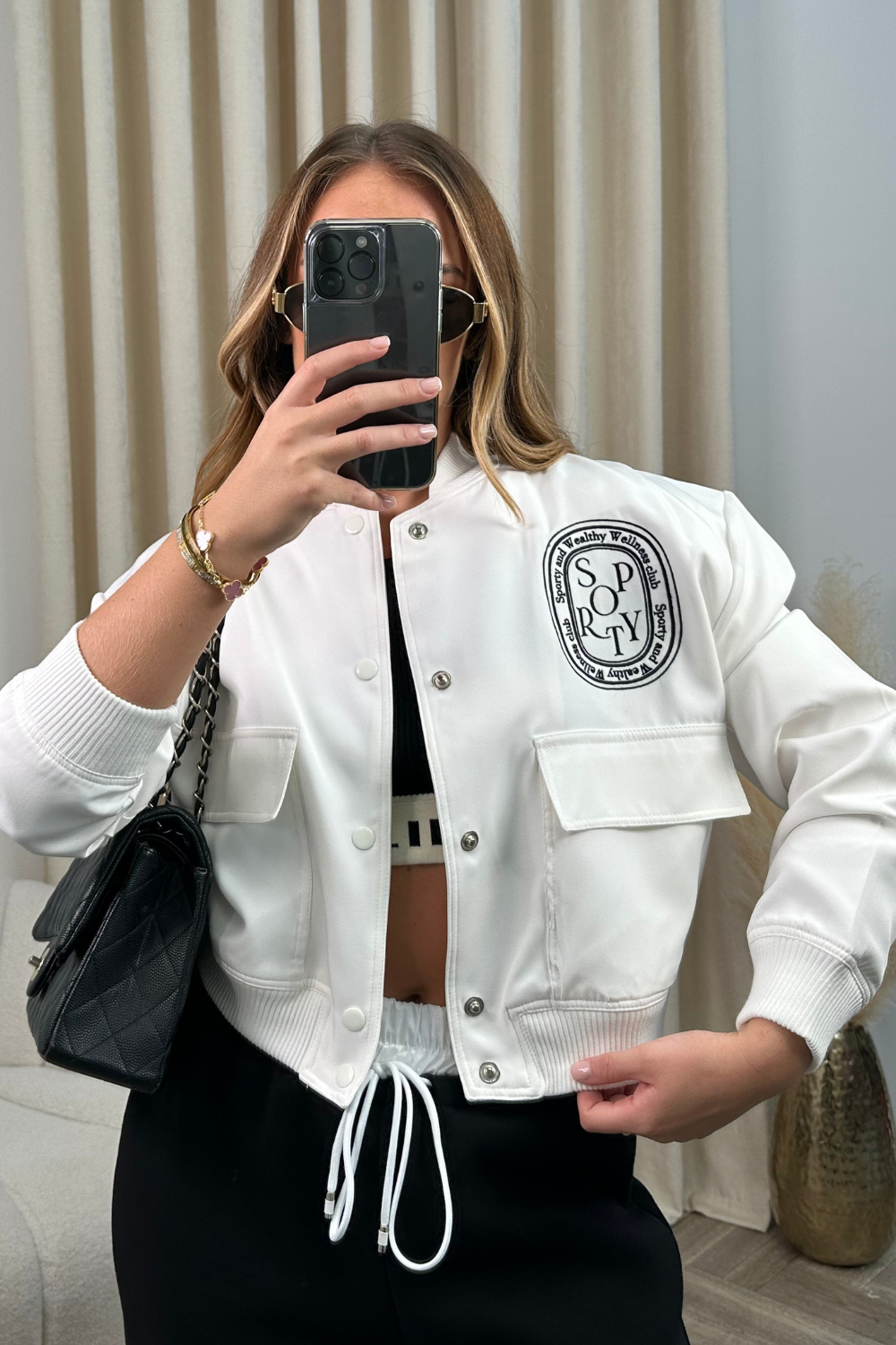 Sporty white embroidered cropped bomber jacket