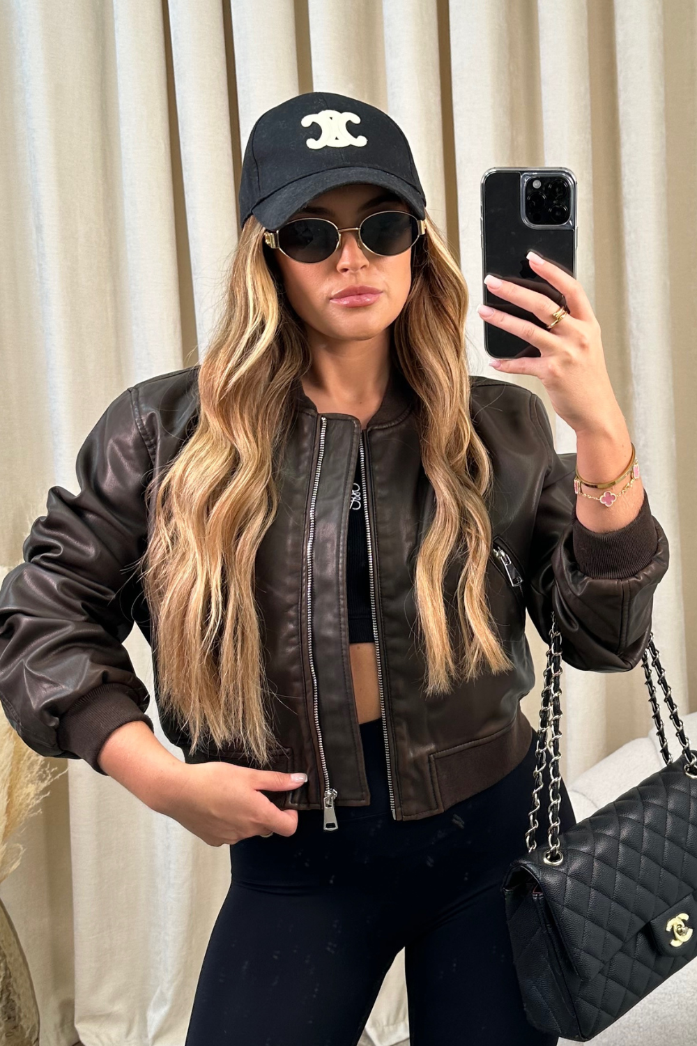 Katie brown faux leather crop bomber jacket