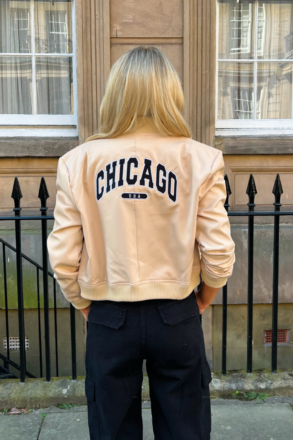 Chicago nude embroidered bomber jacket